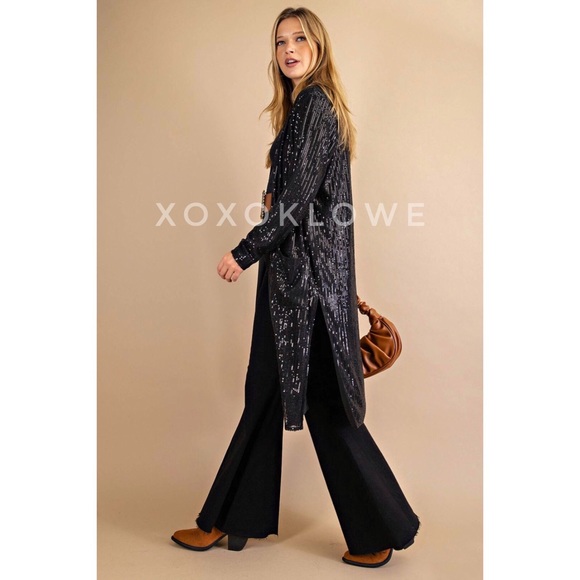 Black SEQUIN Open Front Duster Long Fully Lined - Picture 5 of 13
